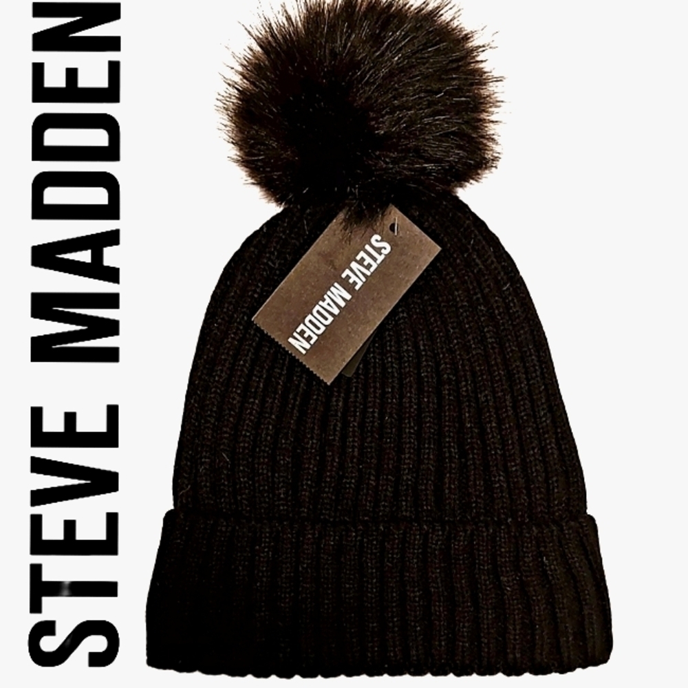 Steve Madden Black Beanie Faux Fur Womens